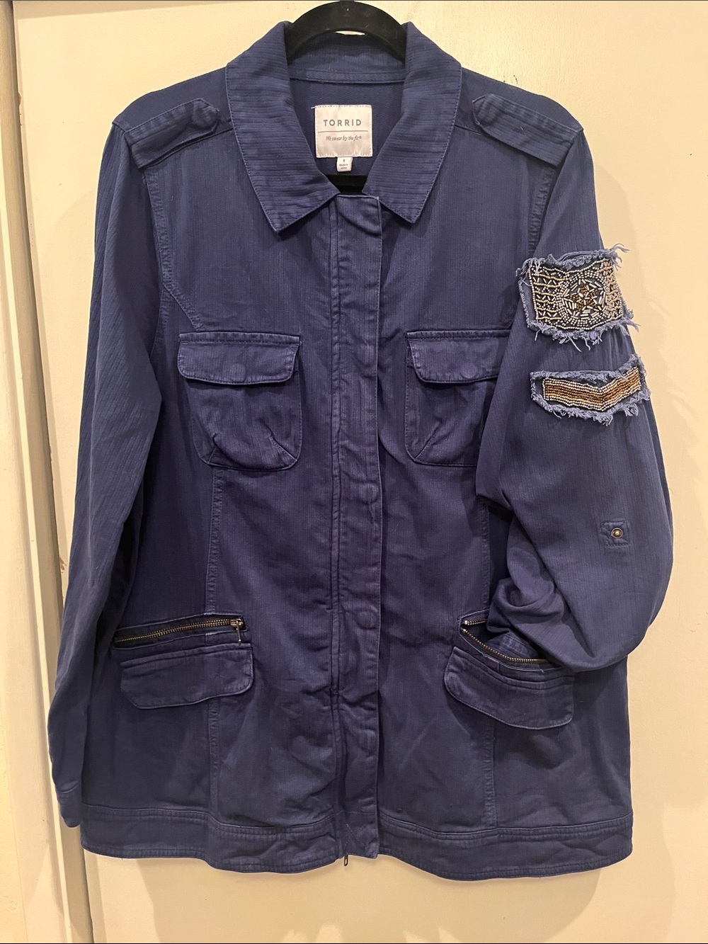 torrid navy blue utility jacket with sleeve patch